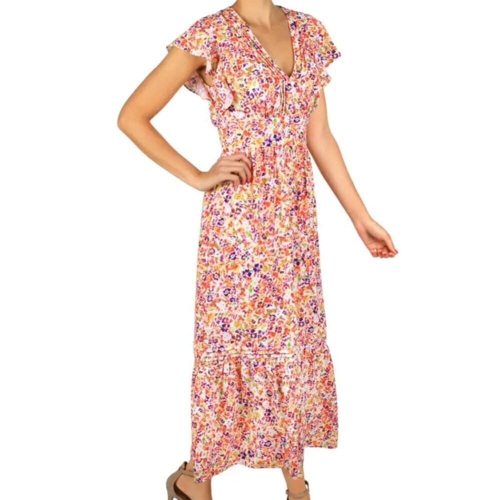 Julia Jordan Floral Ruffle Maxi Dress Women( 8) Multicolor V Neck Short Sleeve.
